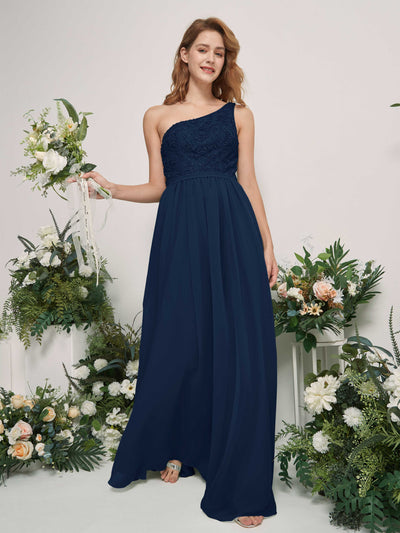 Carlyna A-Linien-Kleid One-Shoulder Bodenlang Chiffon Brautjungfernkleid Marineblau #farbe_marineblau