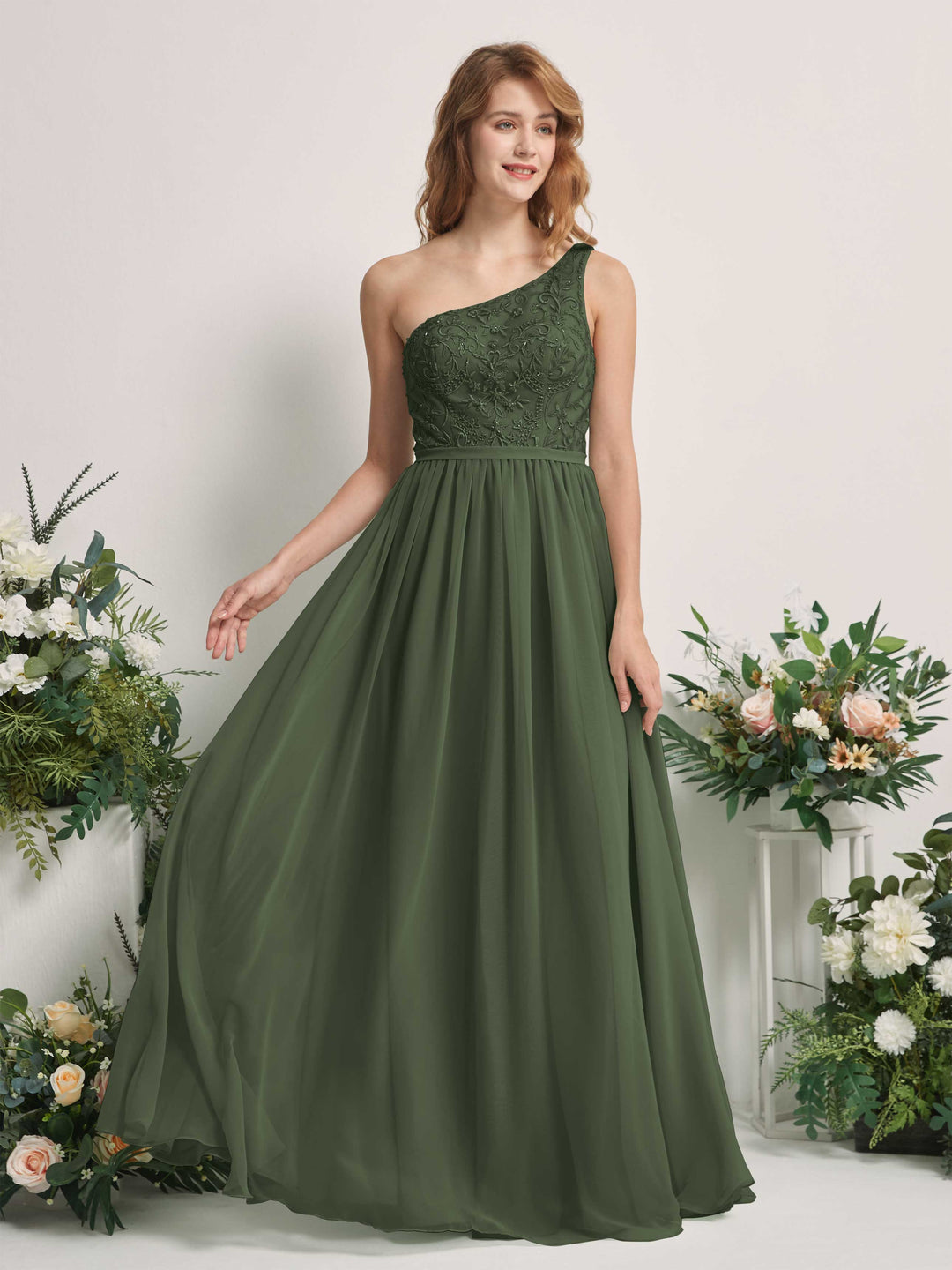 Carlyna A-Linien-Kleid One-Shoulder Bodenlang Chiffon Brautjungfernkleid Martini-Olive 
