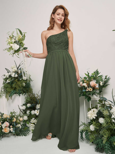 Carlyna A-Linien-Kleid One-Shoulder Bodenlang Chiffon Brautjungfernkleid Martini-Olive #farbe_martini-olive