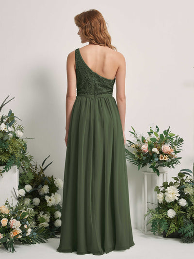 Carlyna A-Linien-Kleid One-Shoulder Bodenlang Chiffon Brautjungfernkleid Martini-Olive #farbe_martini-olive