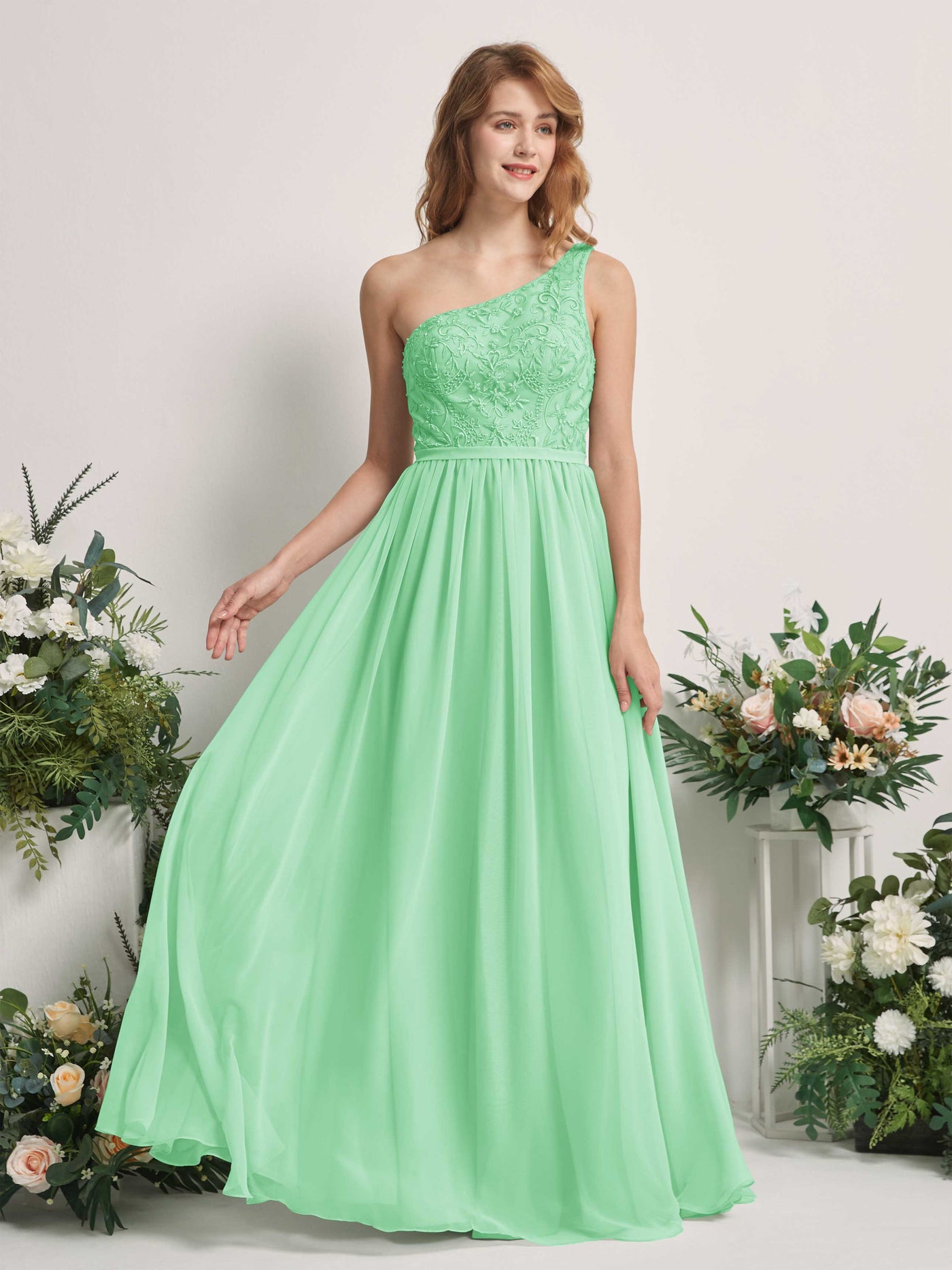 Carlyna A-Linien-Kleid One-Shoulder Bodenlang Chiffon Brautjungfernkleid Minzgrün #farbe_minzgr-n