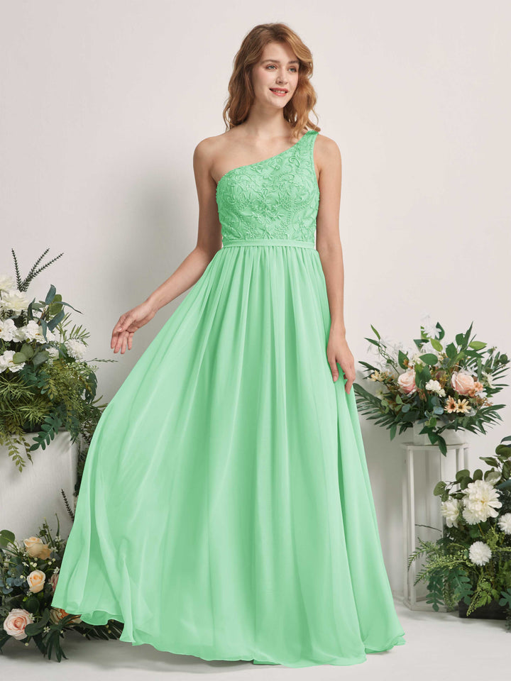 Carlyna A-Linien-Kleid One-Shoulder Bodenlang Chiffon Brautjungfernkleid Minzgrün 