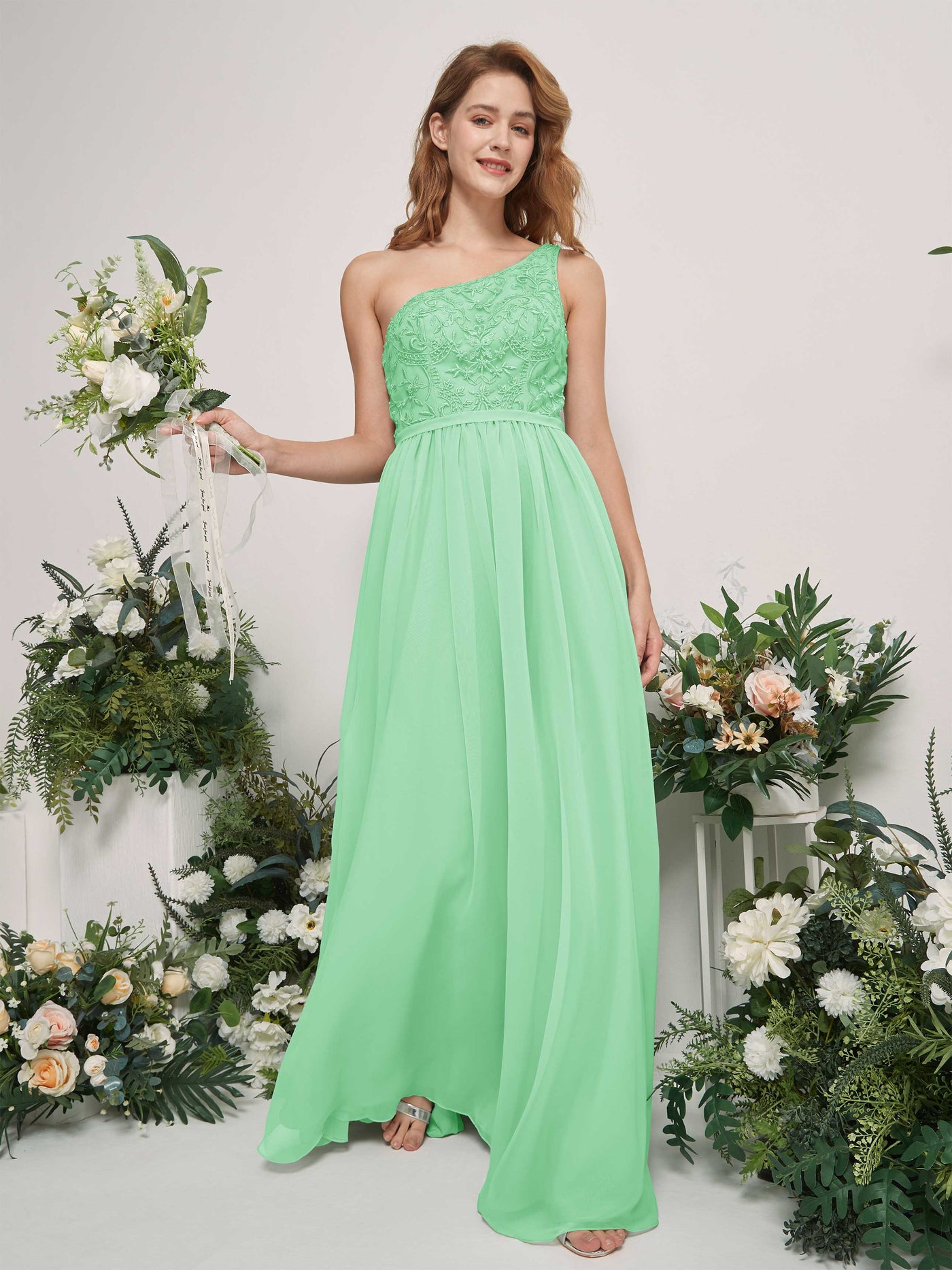 Carlyna A-Linien-Kleid One-Shoulder Bodenlang Chiffon Brautjungfernkleid Minzgrün #farbe_minzgr-n