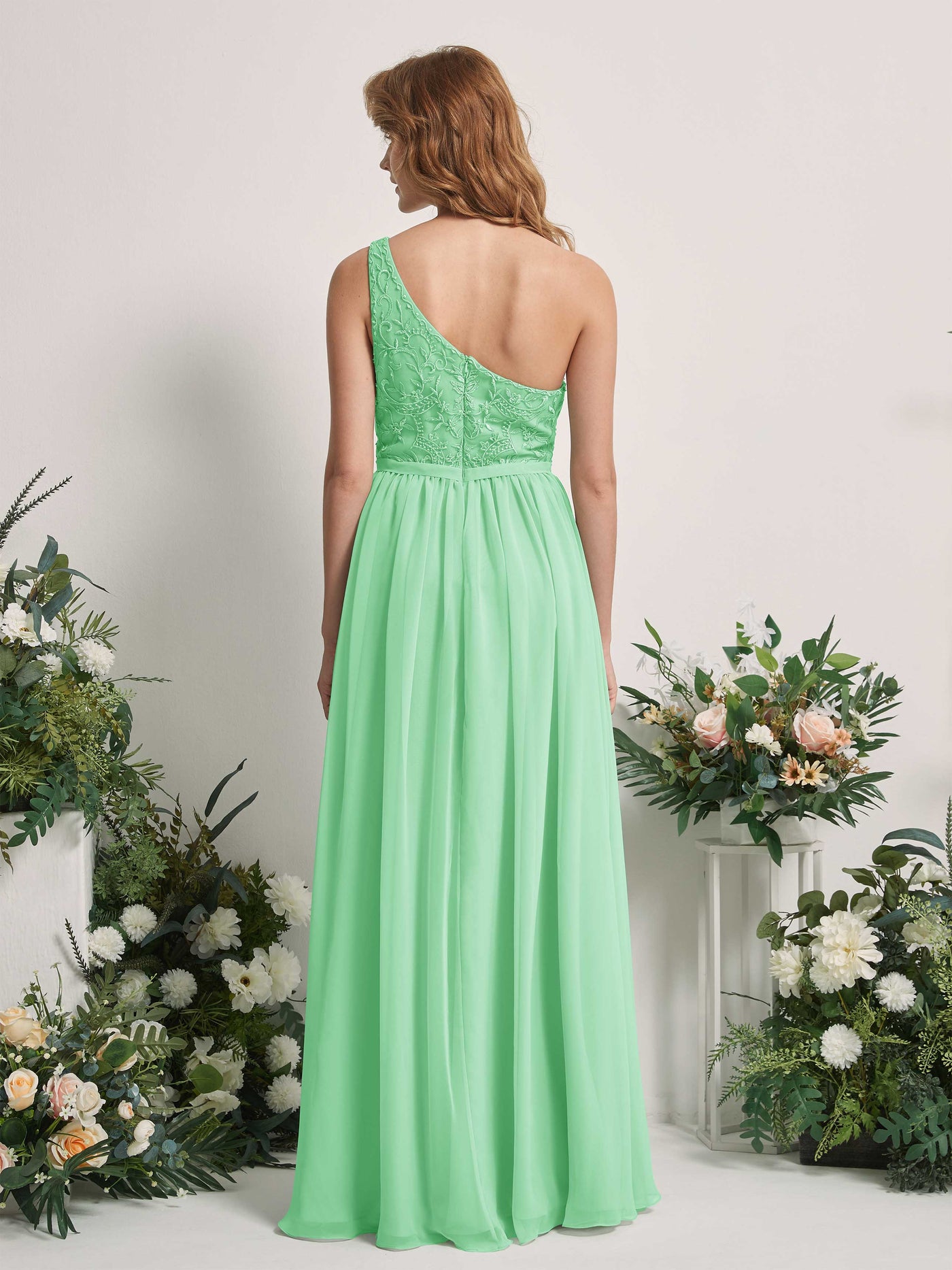 Carlyna A-Linien-Kleid One-Shoulder Bodenlang Chiffon Brautjungfernkleid Minzgrün #farbe_minzgr-n