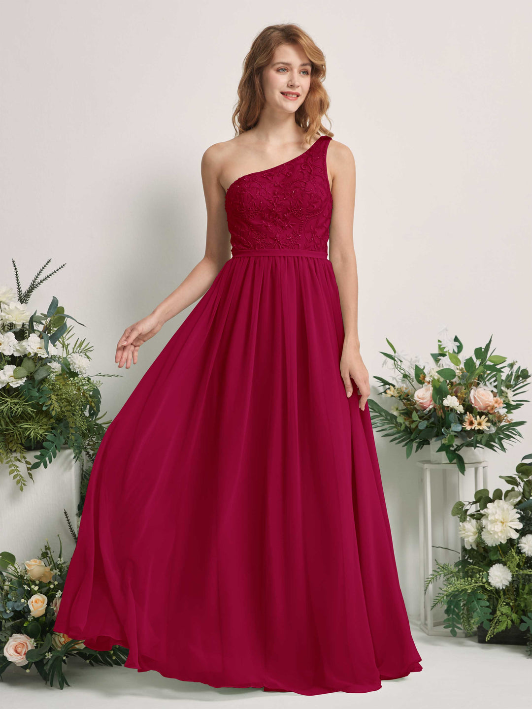 Carlyna A-Linien-Kleid One-Shoulder Bodenlang Chiffon Brautjungfernkleid Narrenrot 