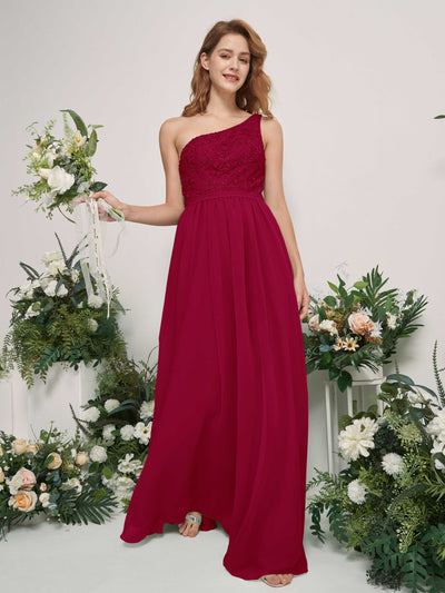 Carlyna A-Linien-Kleid One-Shoulder Bodenlang Chiffon Brautjungfernkleid Narrenrot #farbe_narrenrot