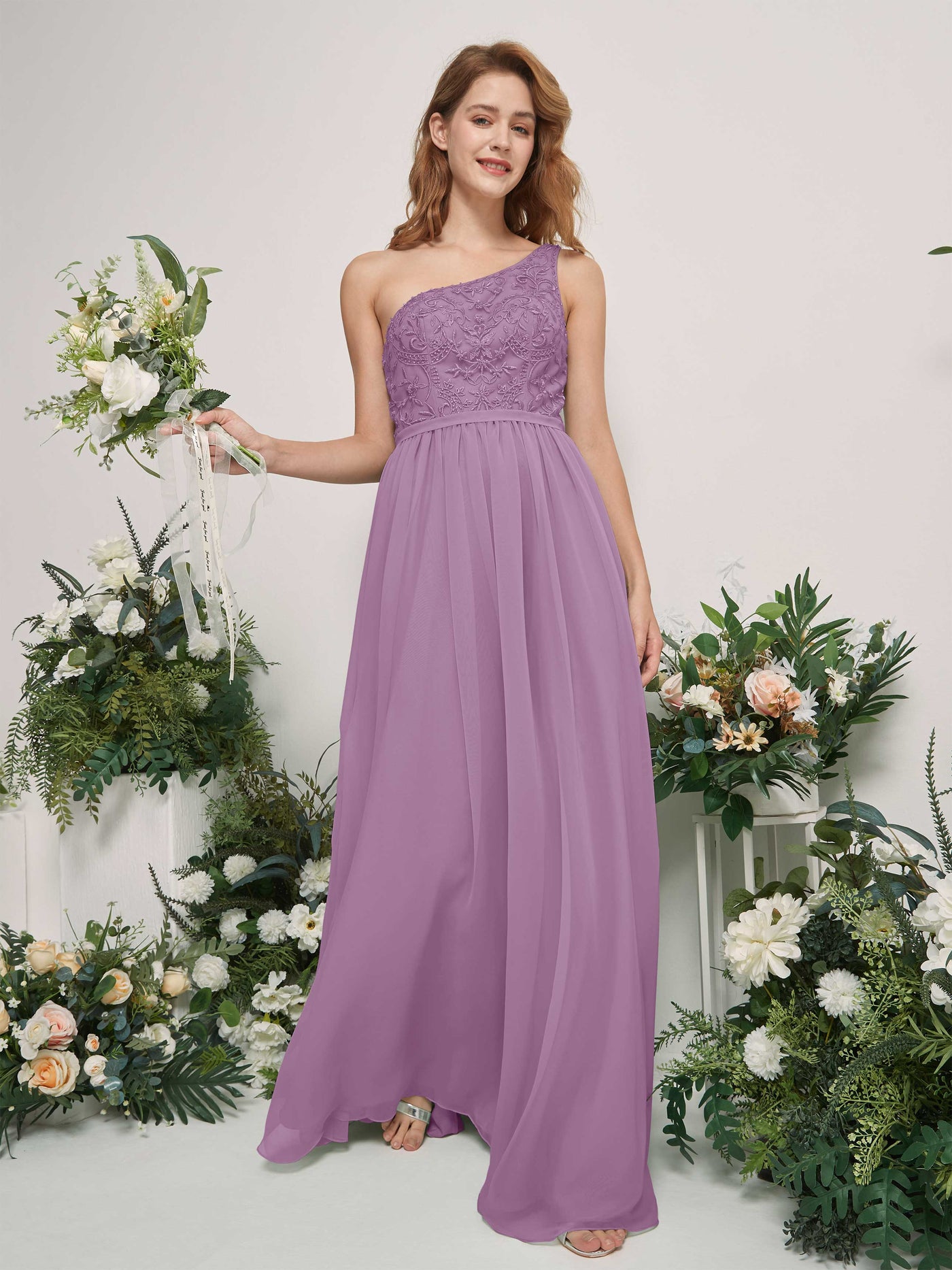 Carlyna A-Linien-Kleid One-Shoulder Bodenlang Chiffon Brautjungfernkleid Orchideen-Nebel #farbe_orchideen-nebel