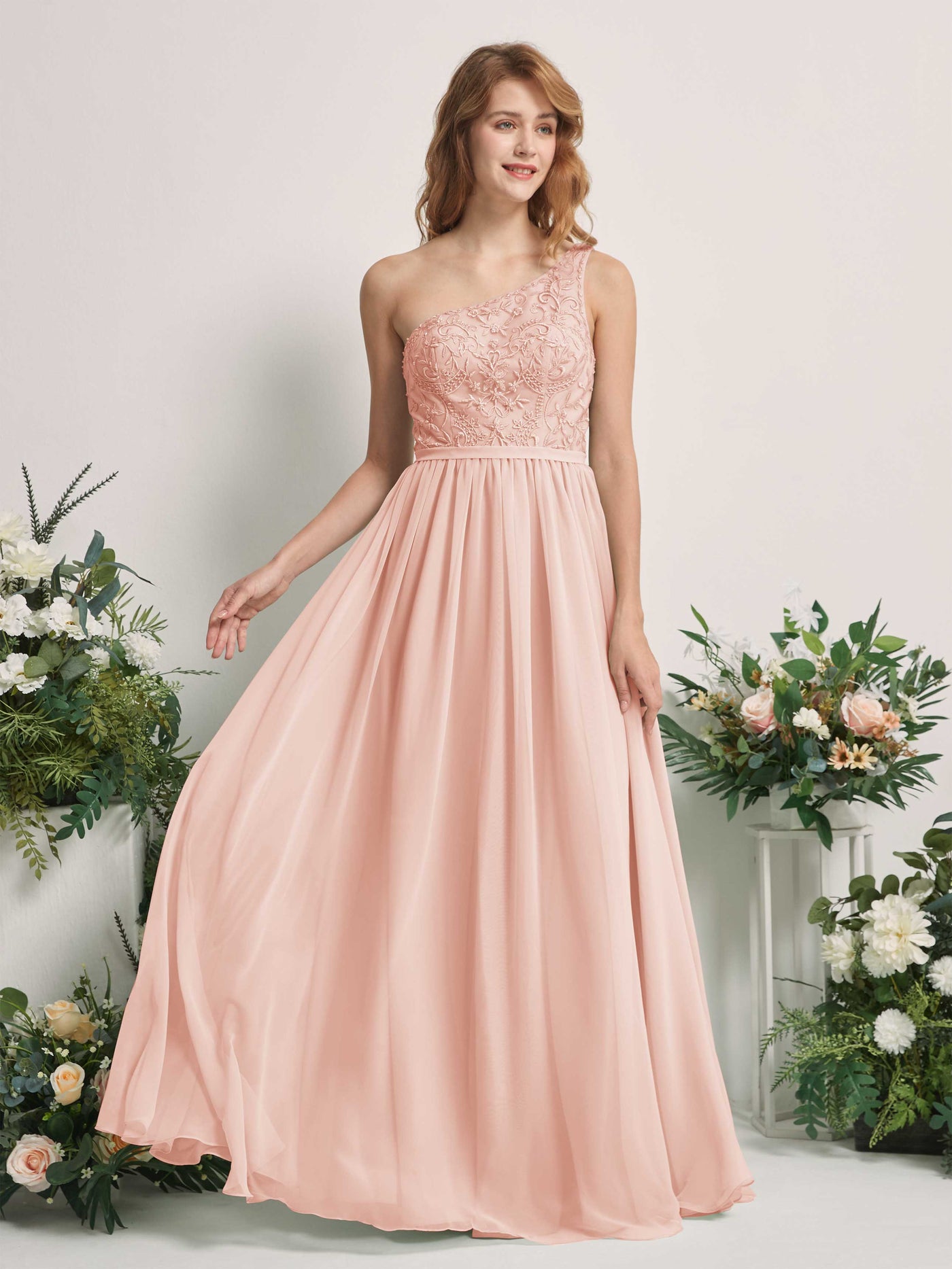 Carlyna A-Linien-Kleid One-Shoulder Bodenlang Chiffon Brautjungfernkleid Perlrosa #farbe_perlrosa