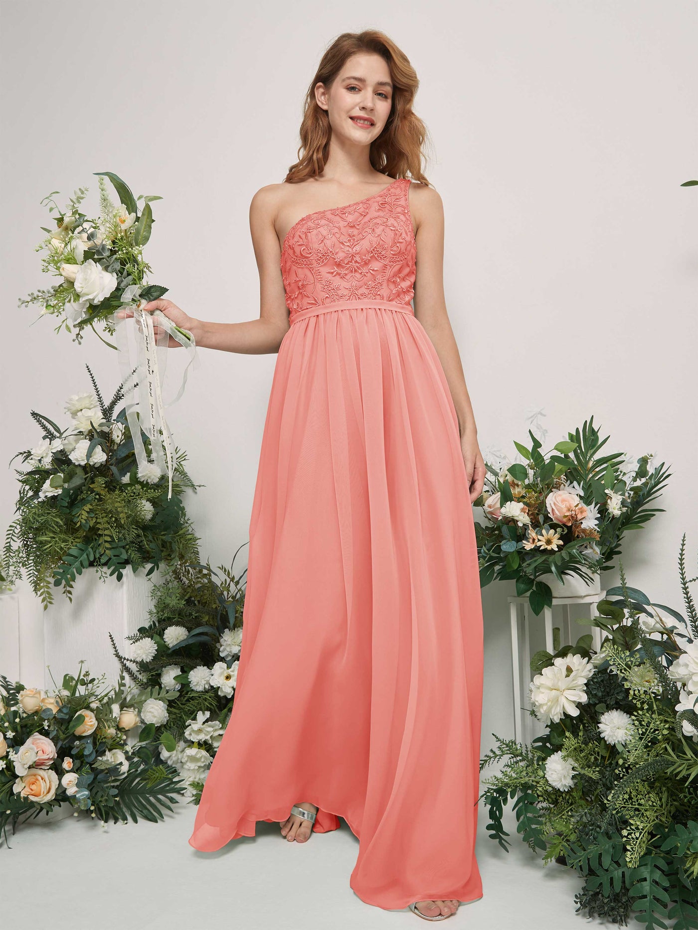 Carlyna A-Linien-Kleid One-Shoulder Bodenlang Chiffon Brautjungfernkleid Pfirsichrosa #farbe_pfirsichrosa