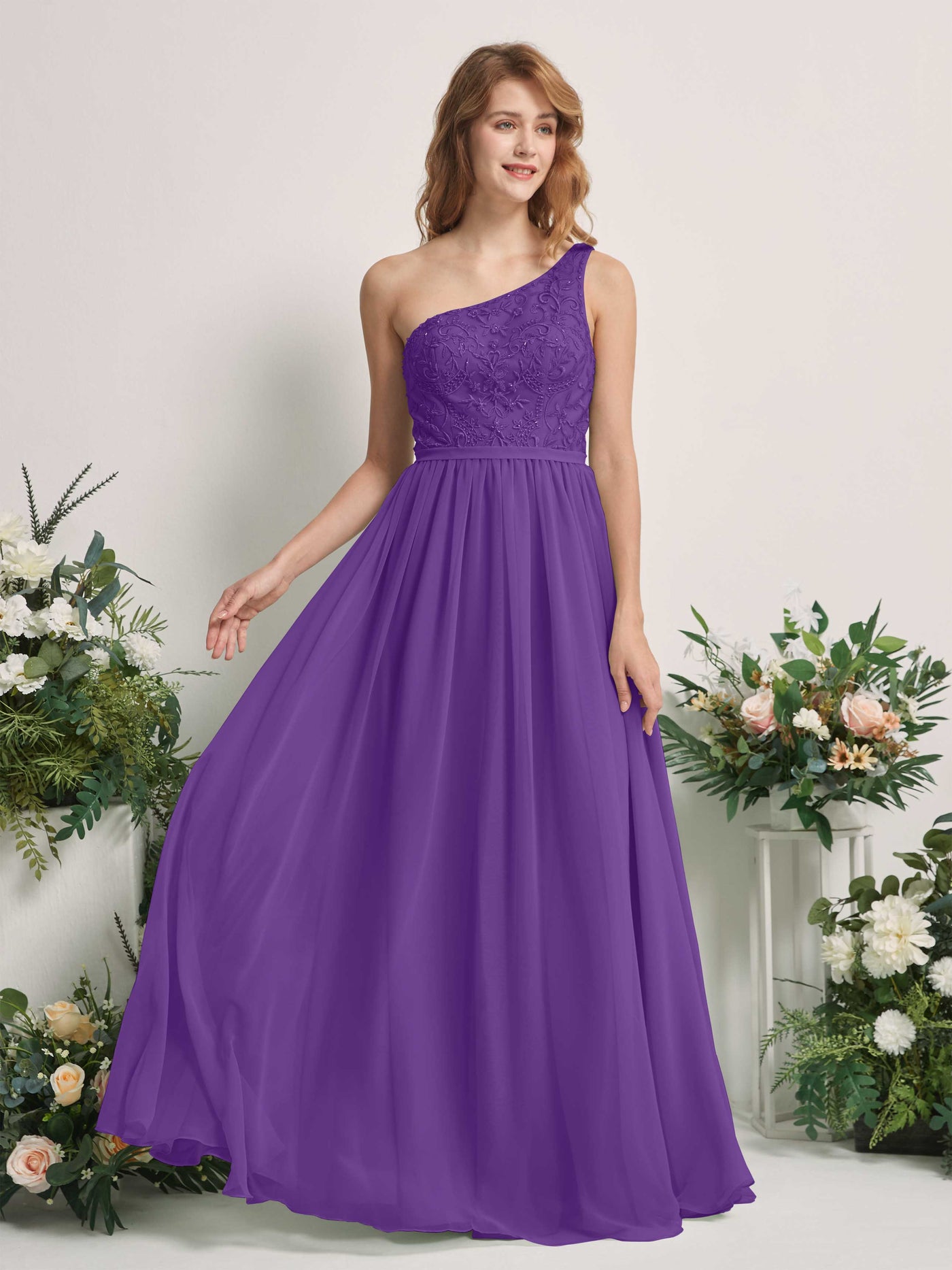 Carlyna A-Linien-Kleid One-Shoulder Bodenlang Chiffon Brautjungfernkleid Regency #farbe_regency