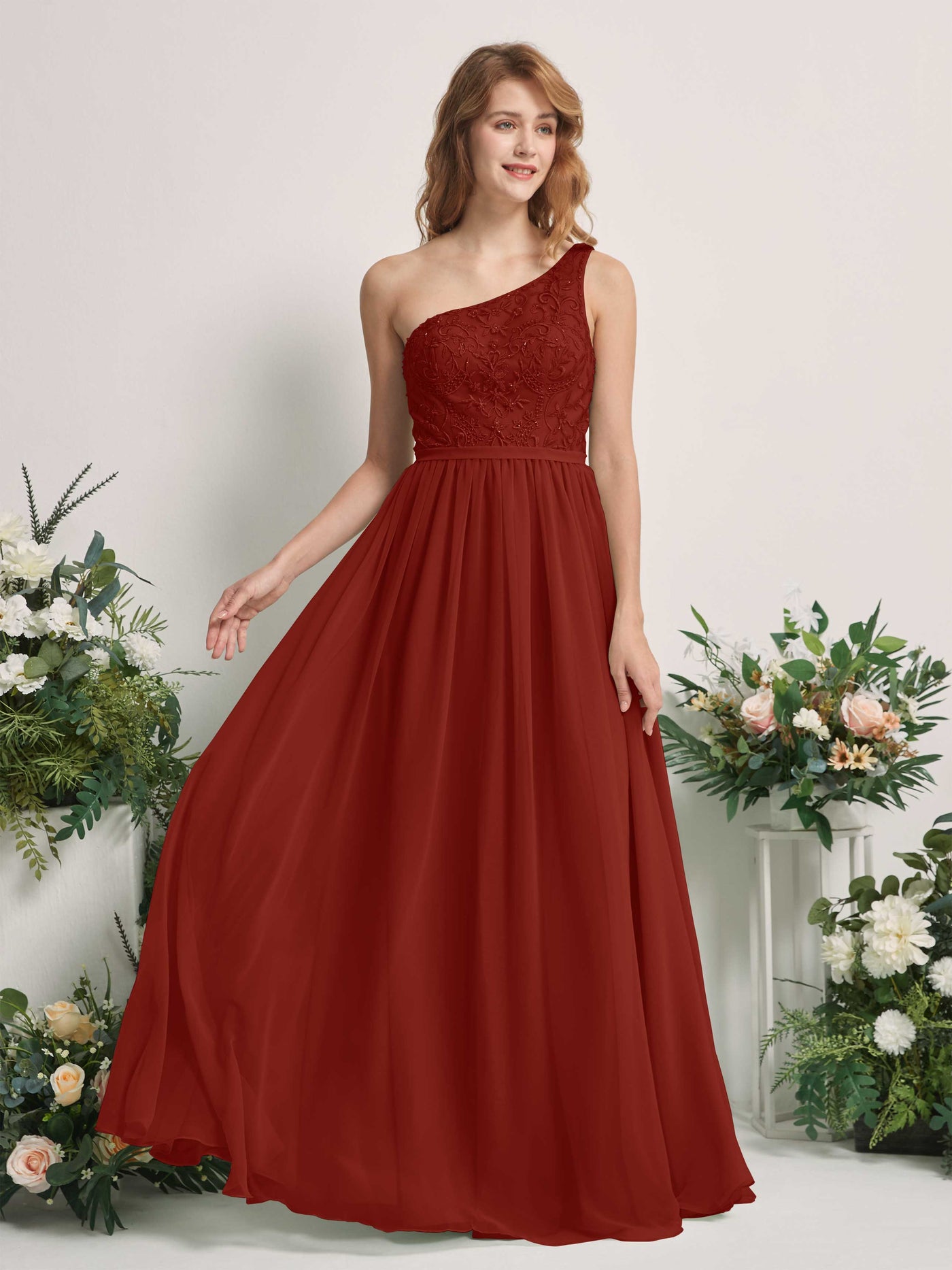 Carlyna A-Linien-Kleid One-Shoulder Bodenlang Chiffon Brautjungfernkleid Rostrot #farbe_rostrot