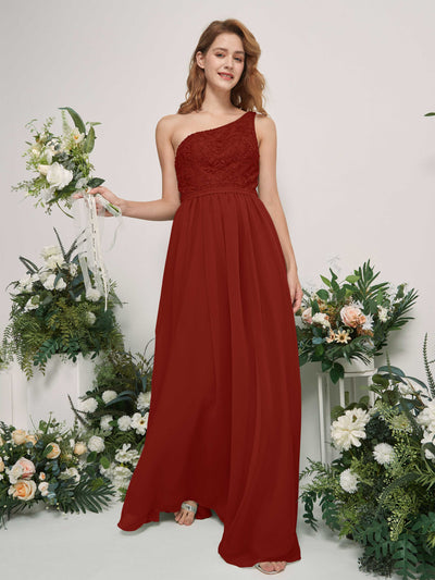 Carlyna A-Linien-Kleid One-Shoulder Bodenlang Chiffon Brautjungfernkleid Rostrot #farbe_rostrot