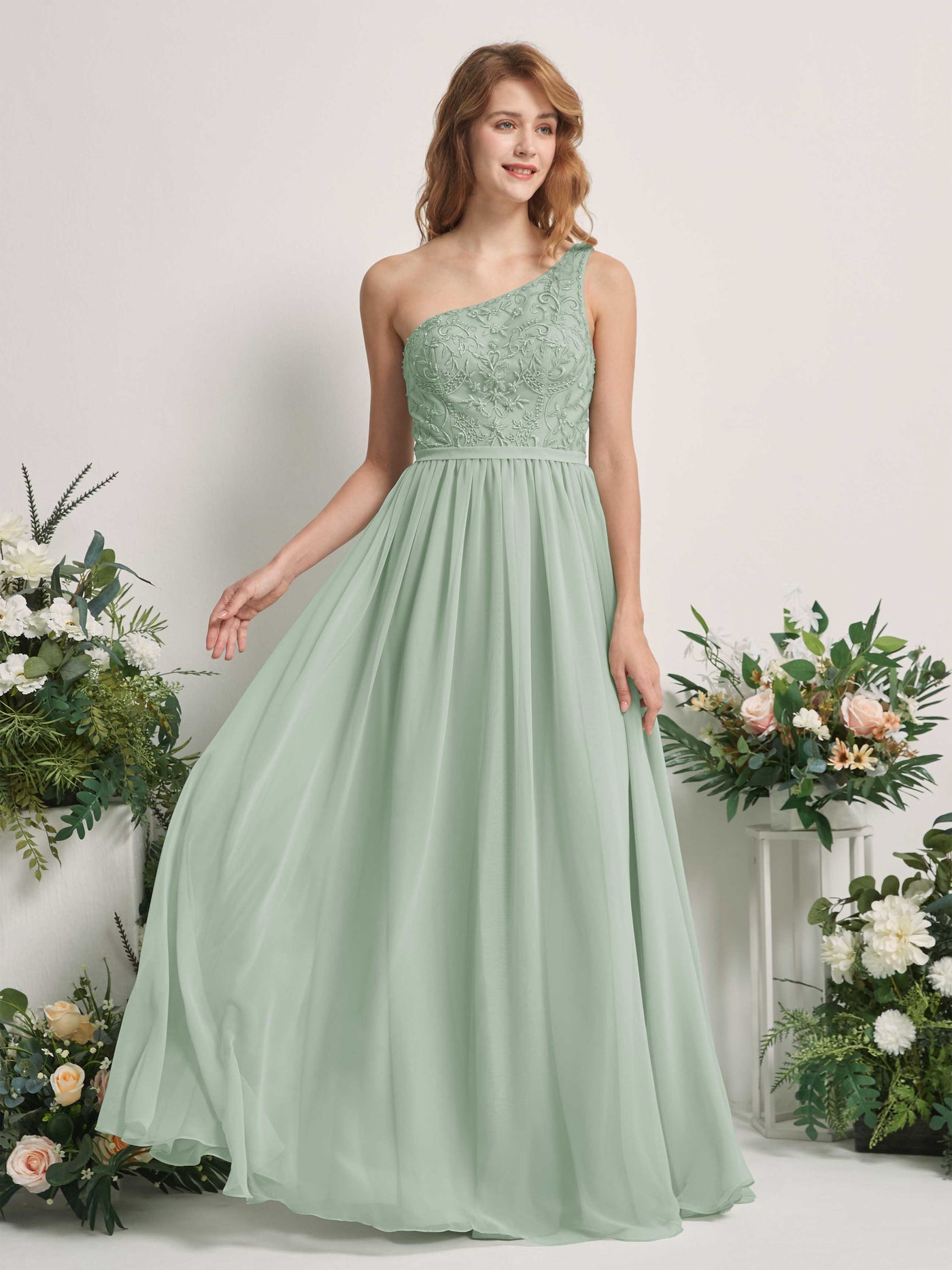 Carlyna A-Linien-Kleid One-Shoulder Bodenlang Chiffon Brautjungfernkleid Salbeigrün #farbe_salbeigr-n