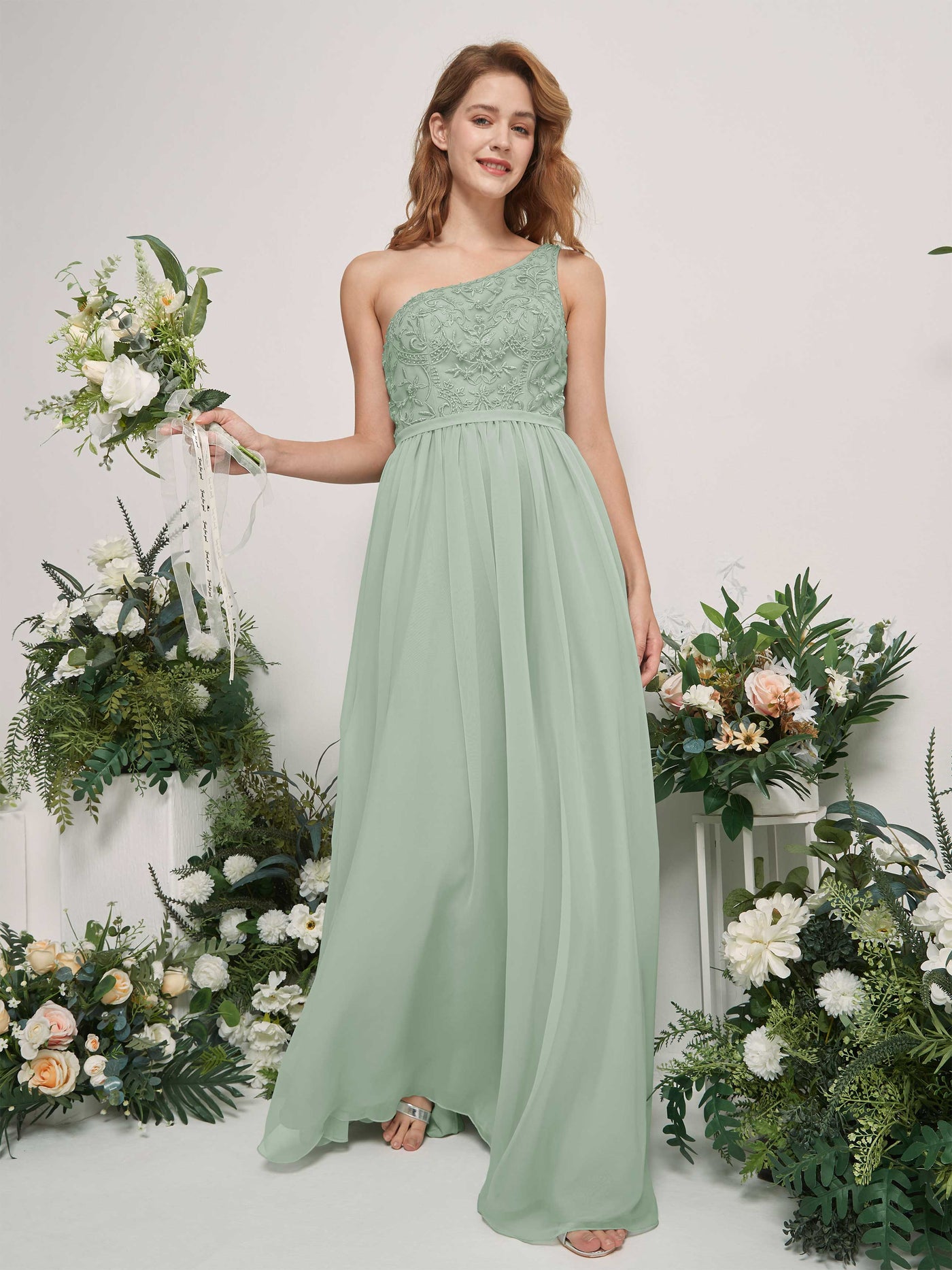 Carlyna A-Linien-Kleid One-Shoulder Bodenlang Chiffon Brautjungfernkleid Salbeigrün #farbe_salbeigr-n