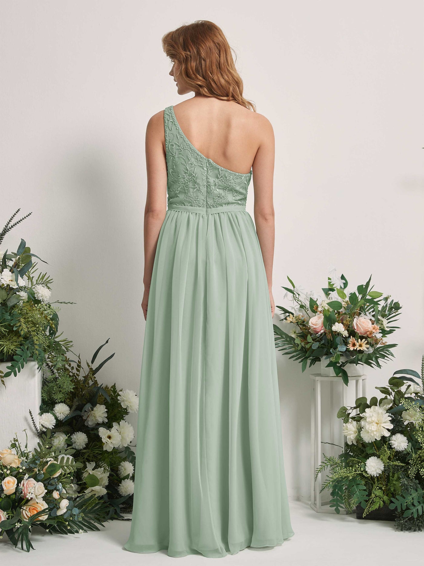 Carlyna A-Linien-Kleid One-Shoulder Bodenlang Chiffon Brautjungfernkleid Salbeigrün #farbe_salbeigr-n