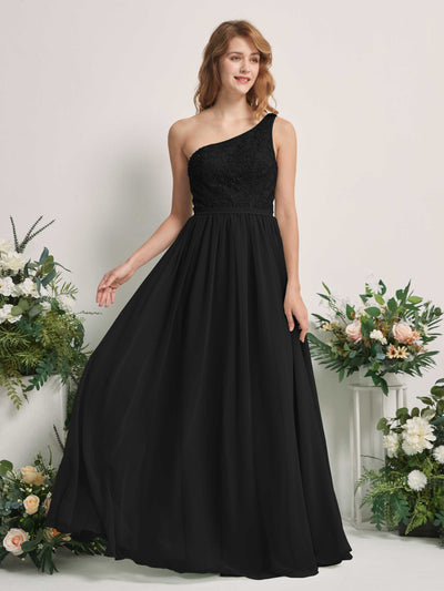Carlyna A-Linien-Kleid One-Shoulder Bodenlang Chiffon Brautjungfernkleid Schwarz #farbe_schwarz