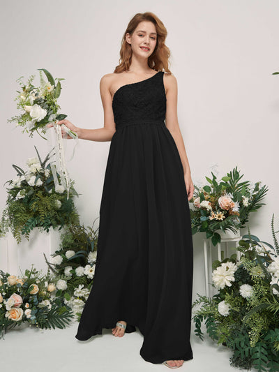 Carlyna A-Linien-Kleid One-Shoulder Bodenlang Chiffon Brautjungfernkleid Schwarz #farbe_schwarz