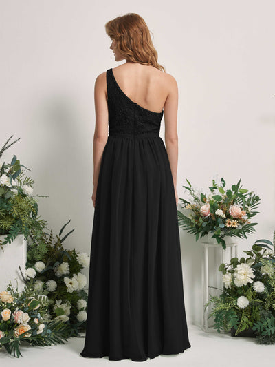 Carlyna A-Linien-Kleid One-Shoulder Bodenlang Chiffon Brautjungfernkleid Schwarz #farbe_schwarz