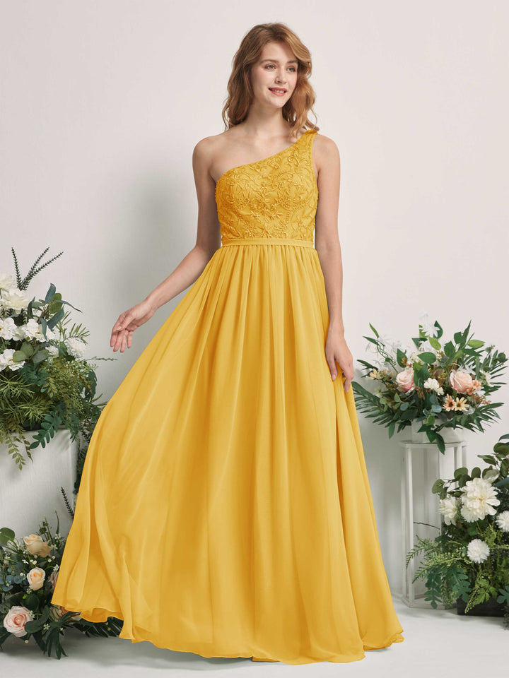 Carlyna A-Linien-Kleid One-Shoulder Bodenlang Chiffon Brautjungfernkleid Senfgelb 