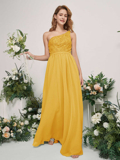 Carlyna A-Linien-Kleid One-Shoulder Bodenlang Chiffon Brautjungfernkleid Senfgelb #farbe_senfgelb