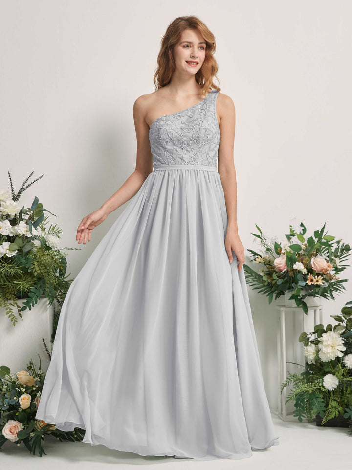 Carlyna A-Linien-Kleid One-Shoulder Bodenlang Chiffon Brautjungfernkleid Silber 