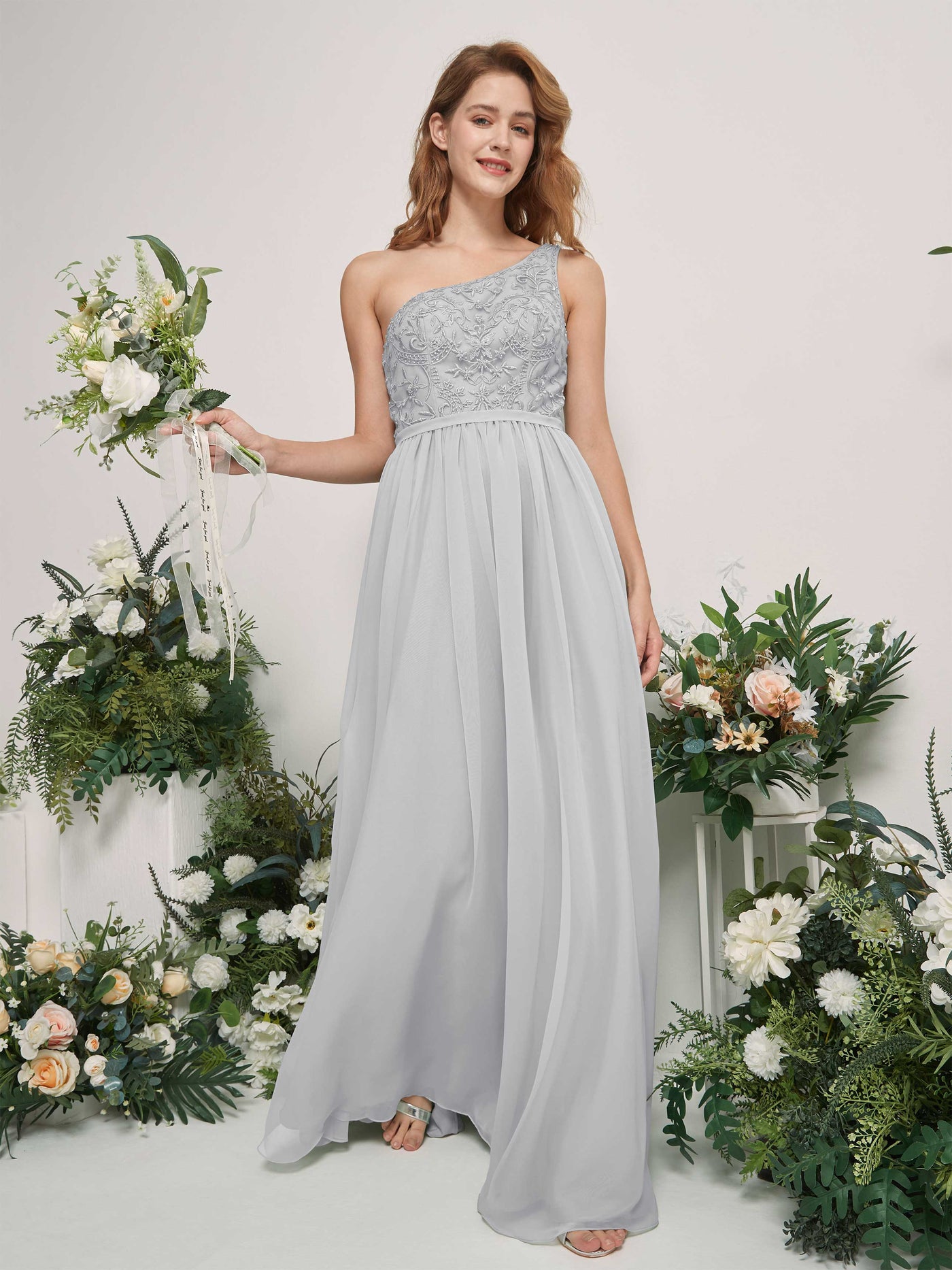 Carlyna A-Linien-Kleid One-Shoulder Bodenlang Chiffon Brautjungfernkleid Silber #farbe_silber