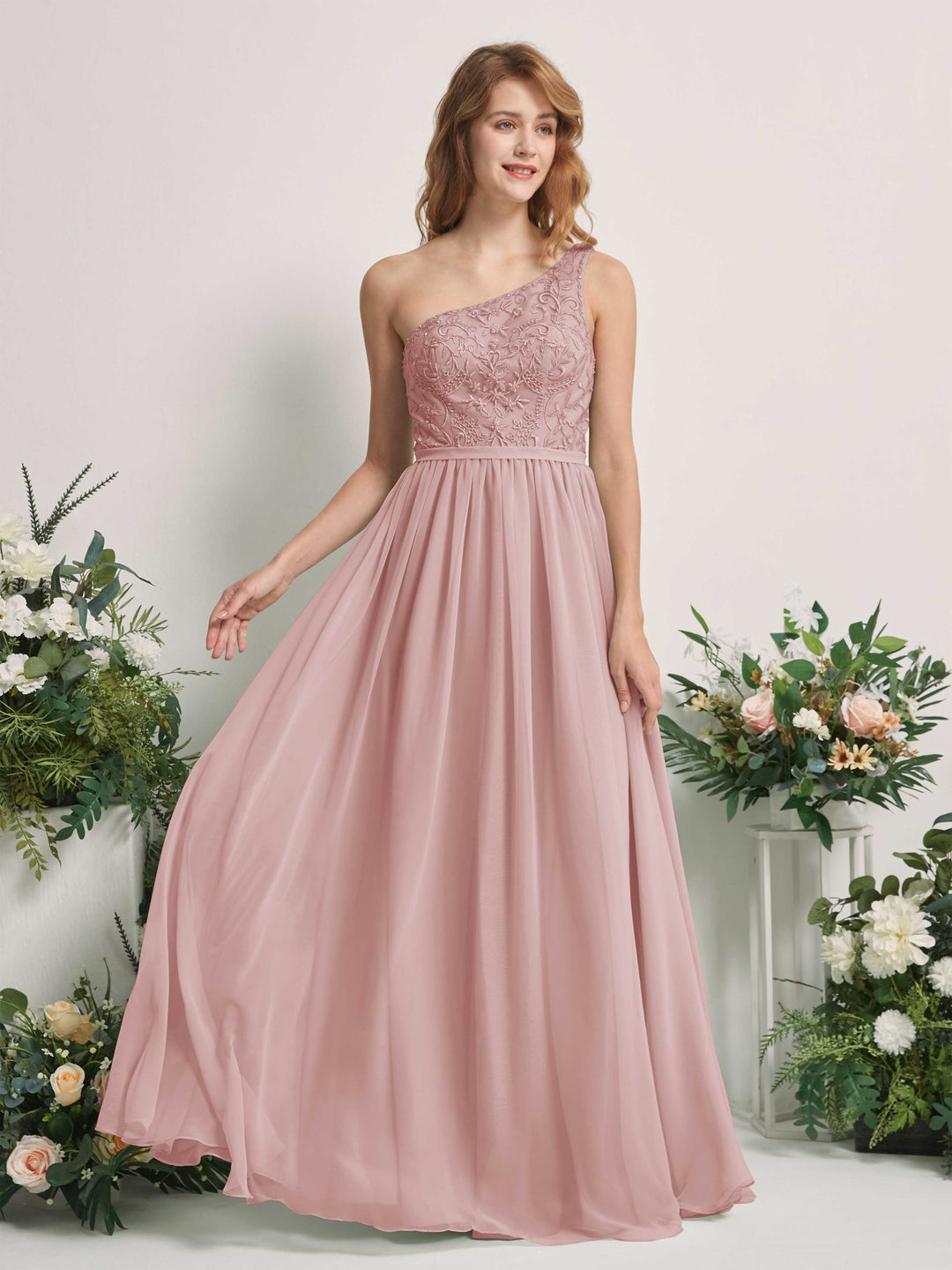 Carlyna A-Linien-Kleid One-Shoulder Bodenlang Chiffon Brautjungfernkleid Staubige Rose 