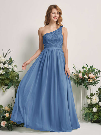 Carlyna A-Linien-Kleid One-Shoulder Bodenlang Chiffon Brautjungfernkleid Staubiges Blau #farbe_staubiges-blau
