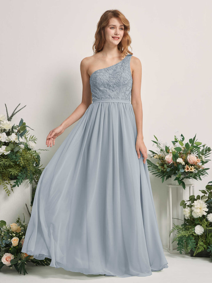 Carlyna A-Linien-Kleid One-Shoulder Bodenlang Chiffon Brautjungfernkleid Staubiges Blau-Upgrade 