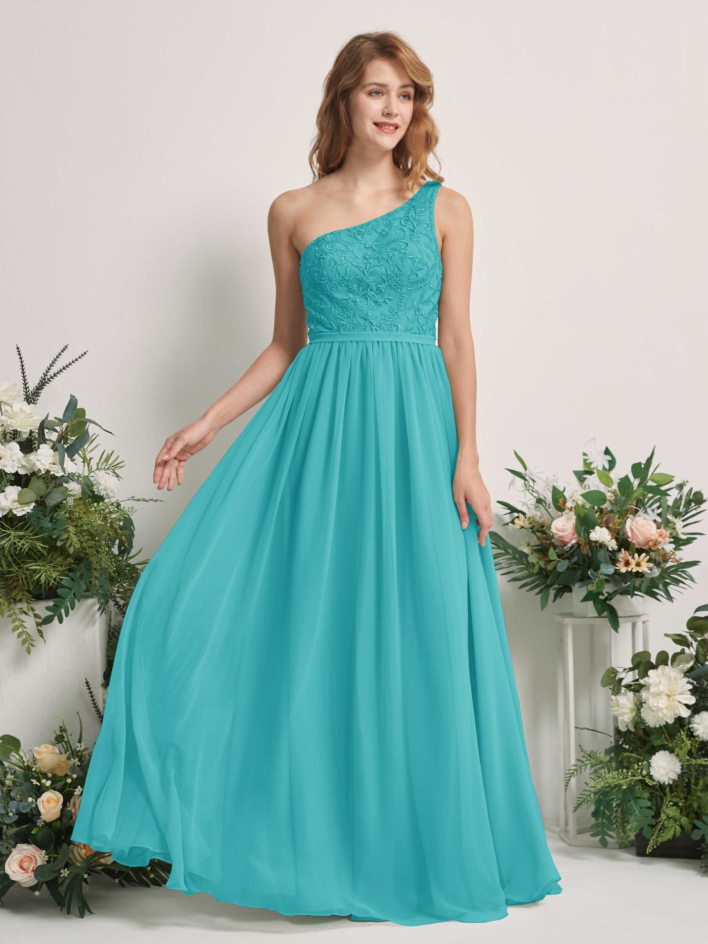 Carlyna A-Linien-Kleid One-Shoulder Bodenlang Chiffon Brautjungfernkleid Türkis #farbe_t-rkis