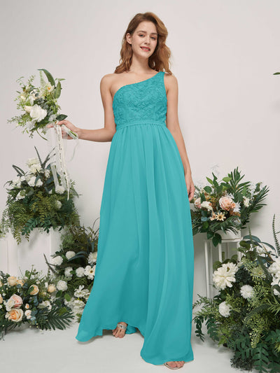 Carlyna A-Linien-Kleid One-Shoulder Bodenlang Chiffon Brautjungfernkleid Türkis #farbe_t-rkis