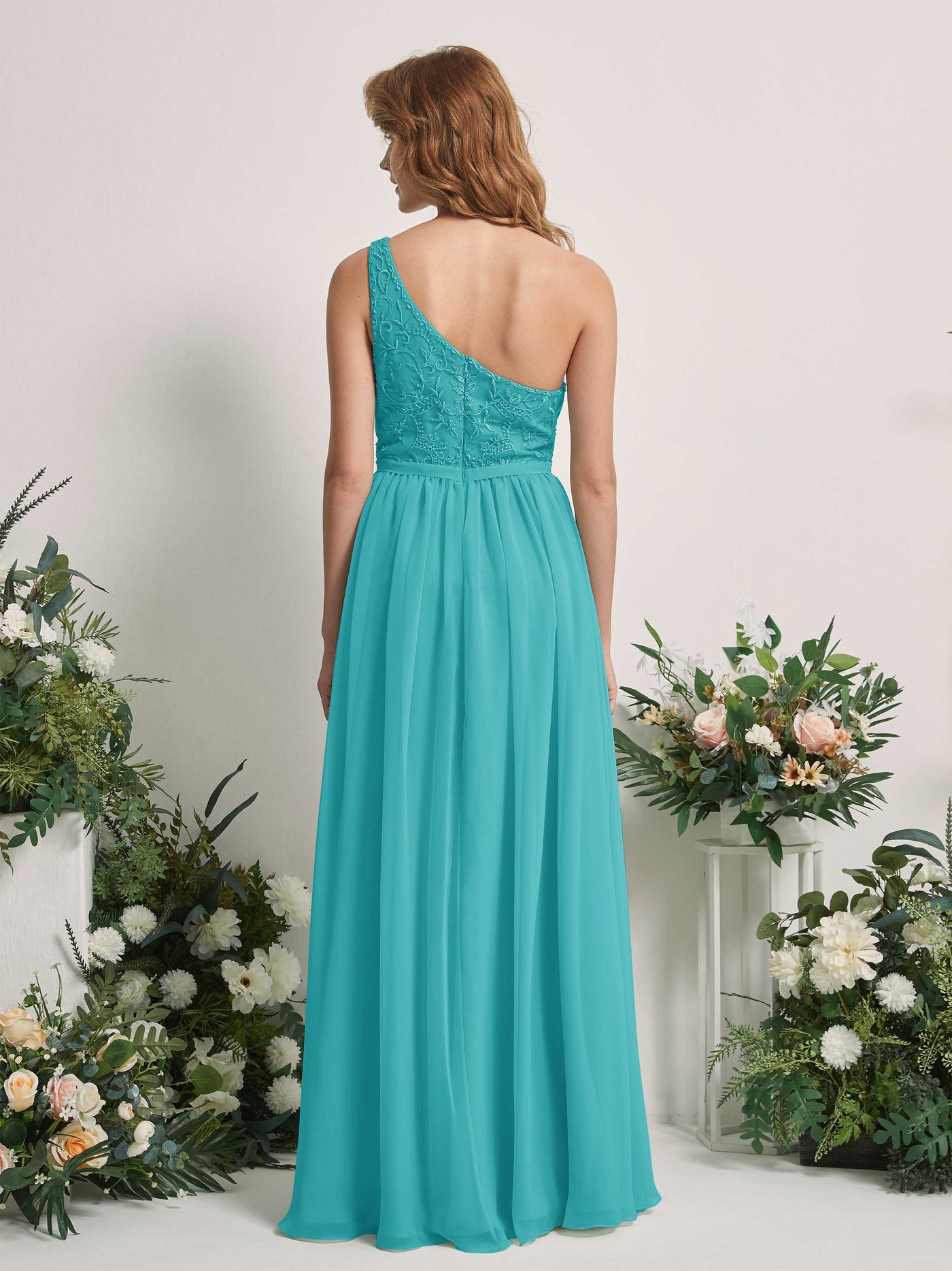 Carlyna A-Linien-Kleid One-Shoulder Bodenlang Chiffon Brautjungfernkleid Türkis #farbe_t-rkis