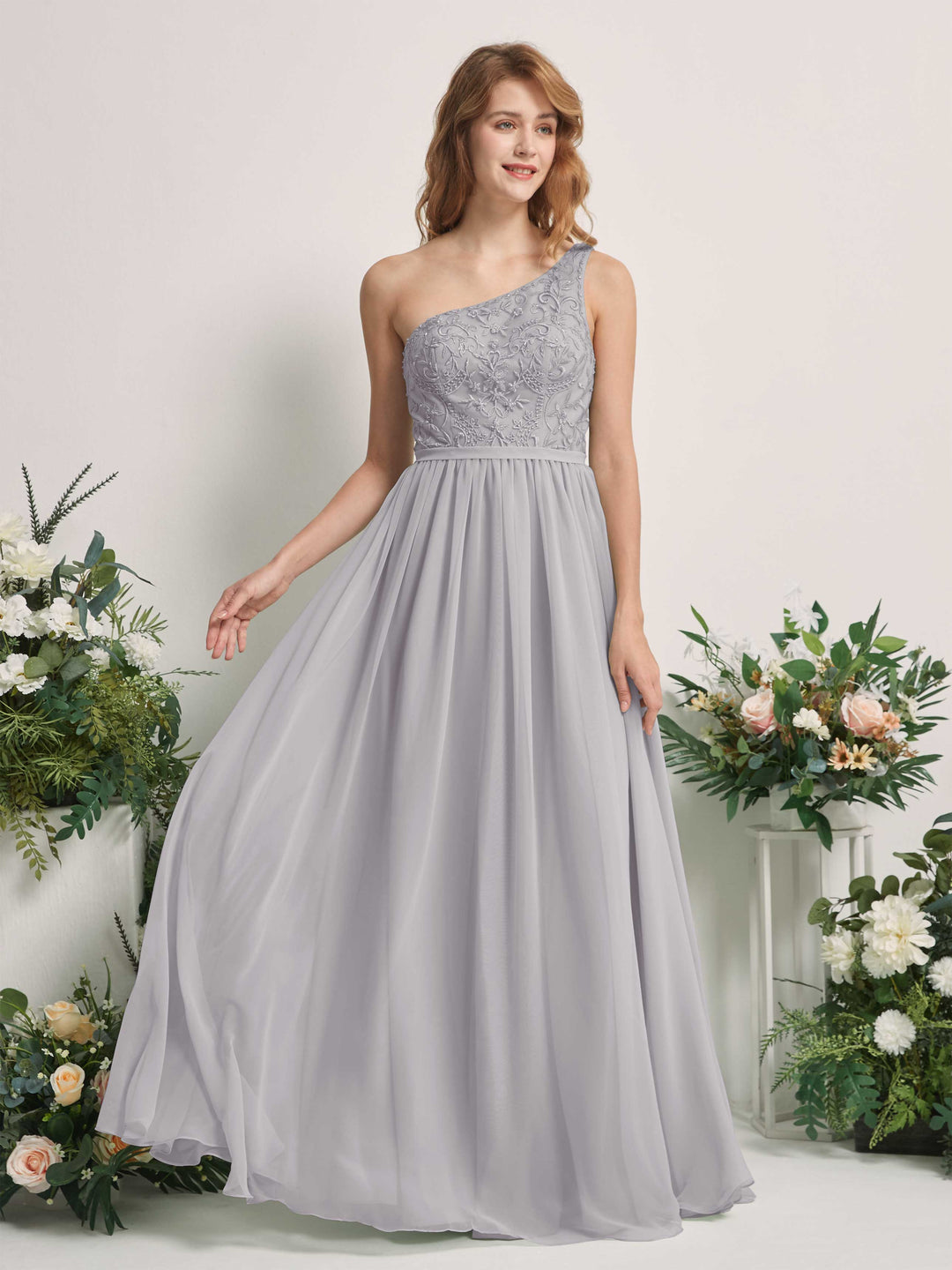 Carlyna A-Linien-Kleid One-Shoulder Bodenlang Chiffon Brautjungfernkleid Taube 