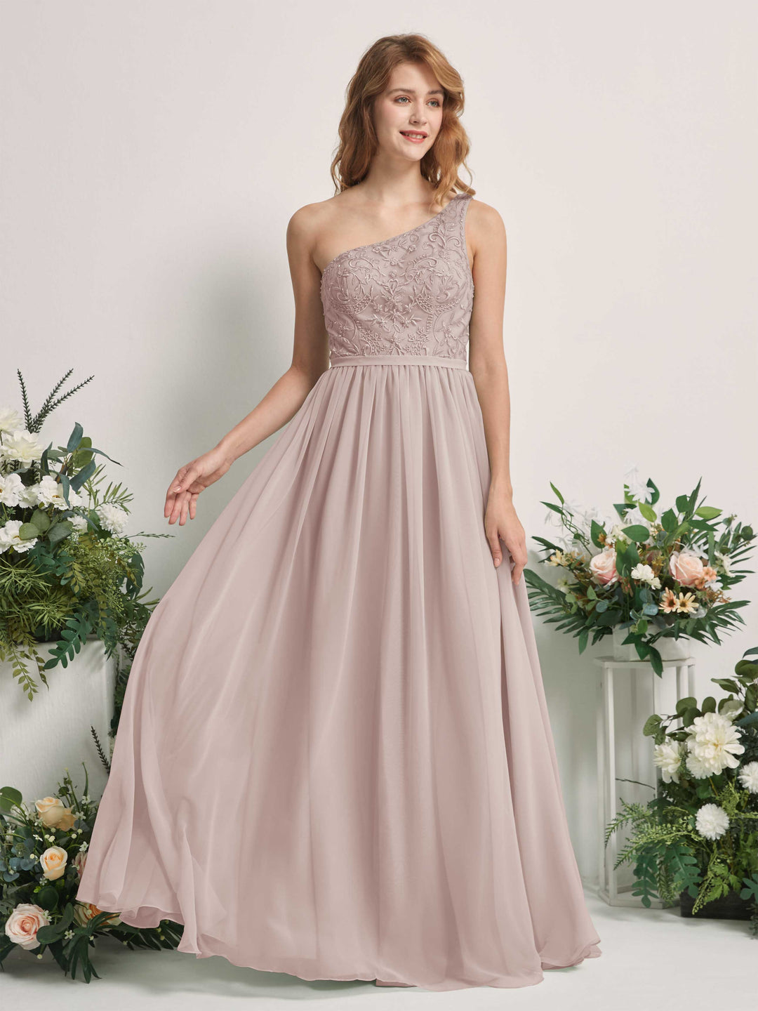 Carlyna A-Linien-Kleid One-Shoulder Bodenlang Chiffon Brautjungfernkleid Taupe 