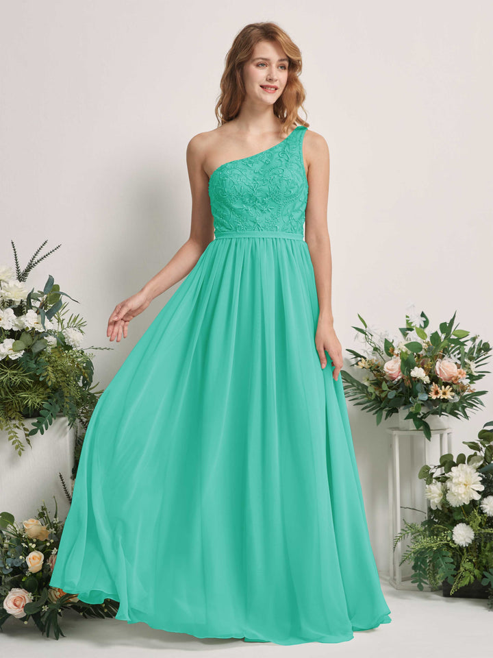 Carlyna A-Linien-Kleid One-Shoulder Bodenlang Chiffon Brautjungfernkleid Tiffany-Blau 