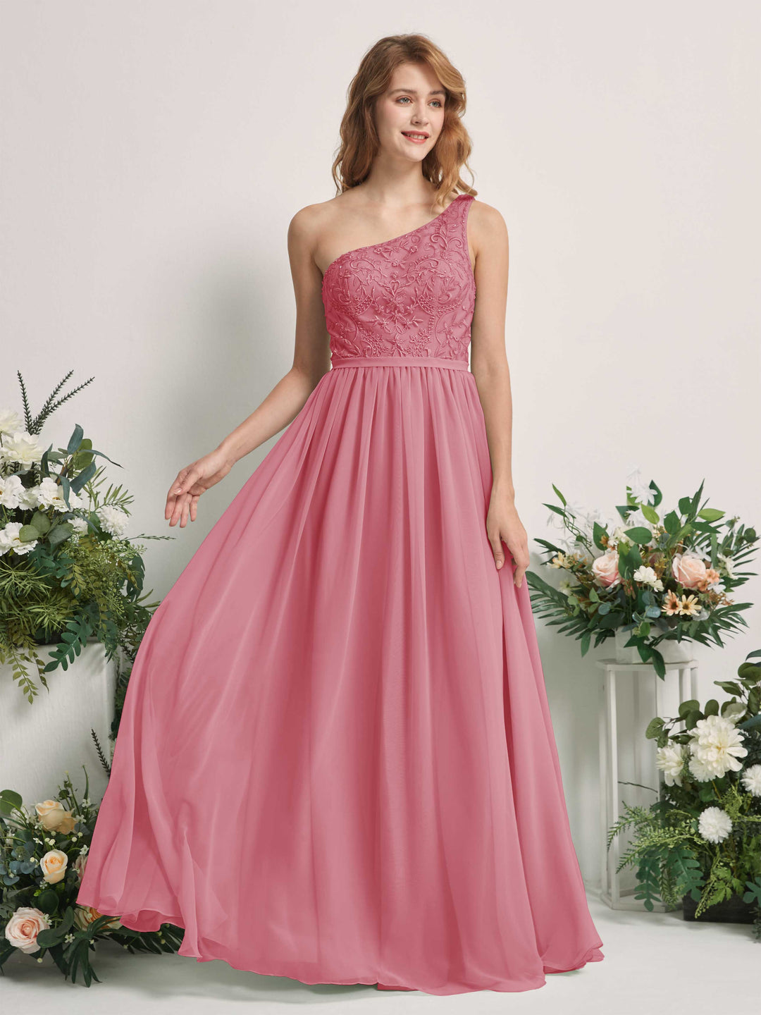 Carlyna A-Linien-Kleid One-Shoulder Bodenlang Chiffon Brautjungfernkleid Wüstenrose 