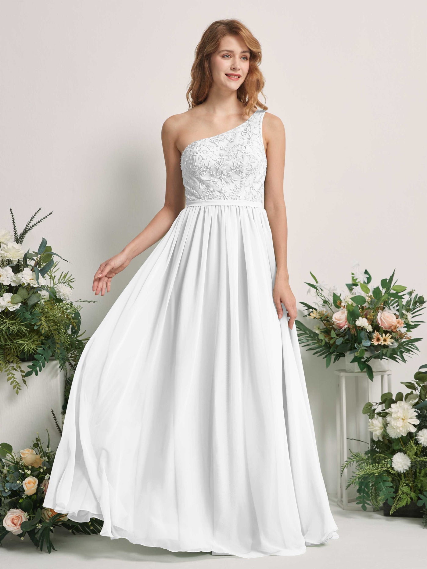 Carlyna A-Linien-Kleid One-Shoulder Bodenlang Chiffon Brautjungfernkleid Weiß #farbe_wei
