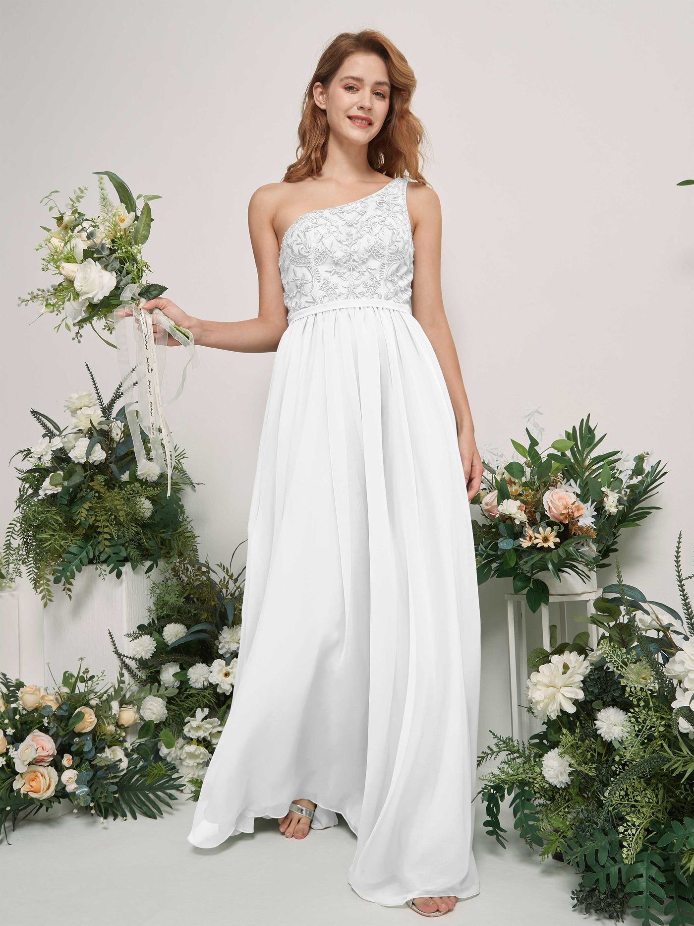 Carlyna A-Linien-Kleid One-Shoulder Bodenlang Chiffon Brautjungfernkleid Weiß #farbe_wei