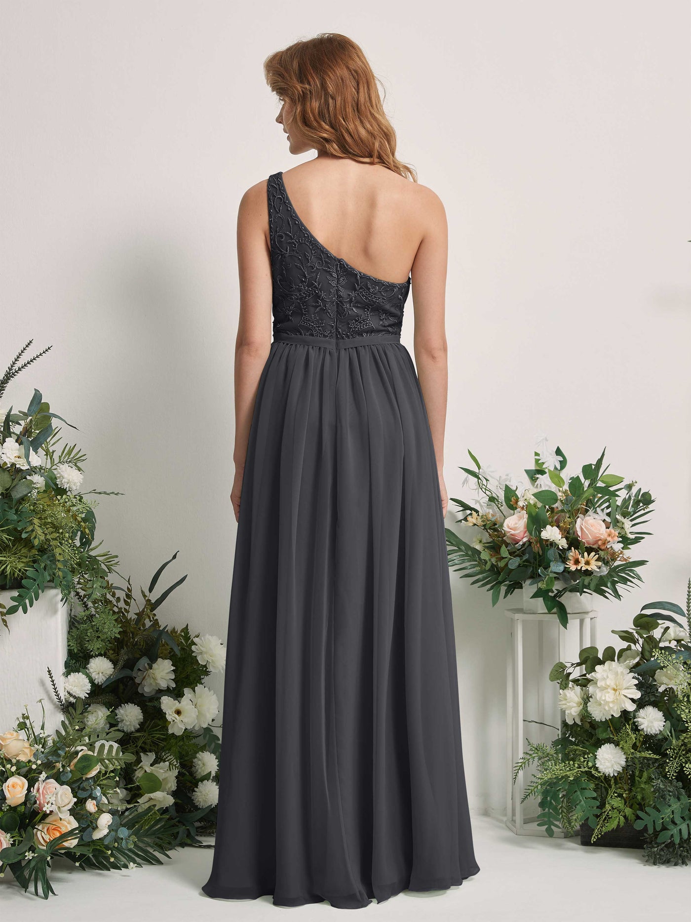 Carlyna A-Linien-Kleid One-Shoulder Bodenlang Chiffon Brautjungfernkleid Zinnfarben #farbe_zinnfarben