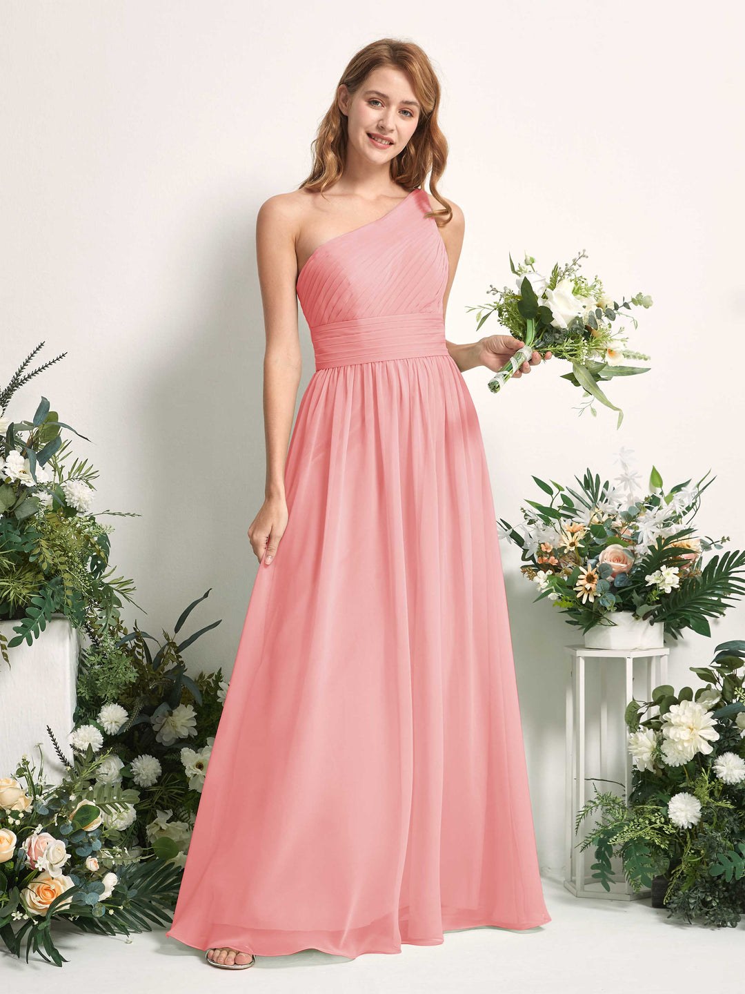Carlyna A-Linien-Kleid One-Shoulder Bodenlang Chiffon Brautjungfernkleider Ballettrosa 