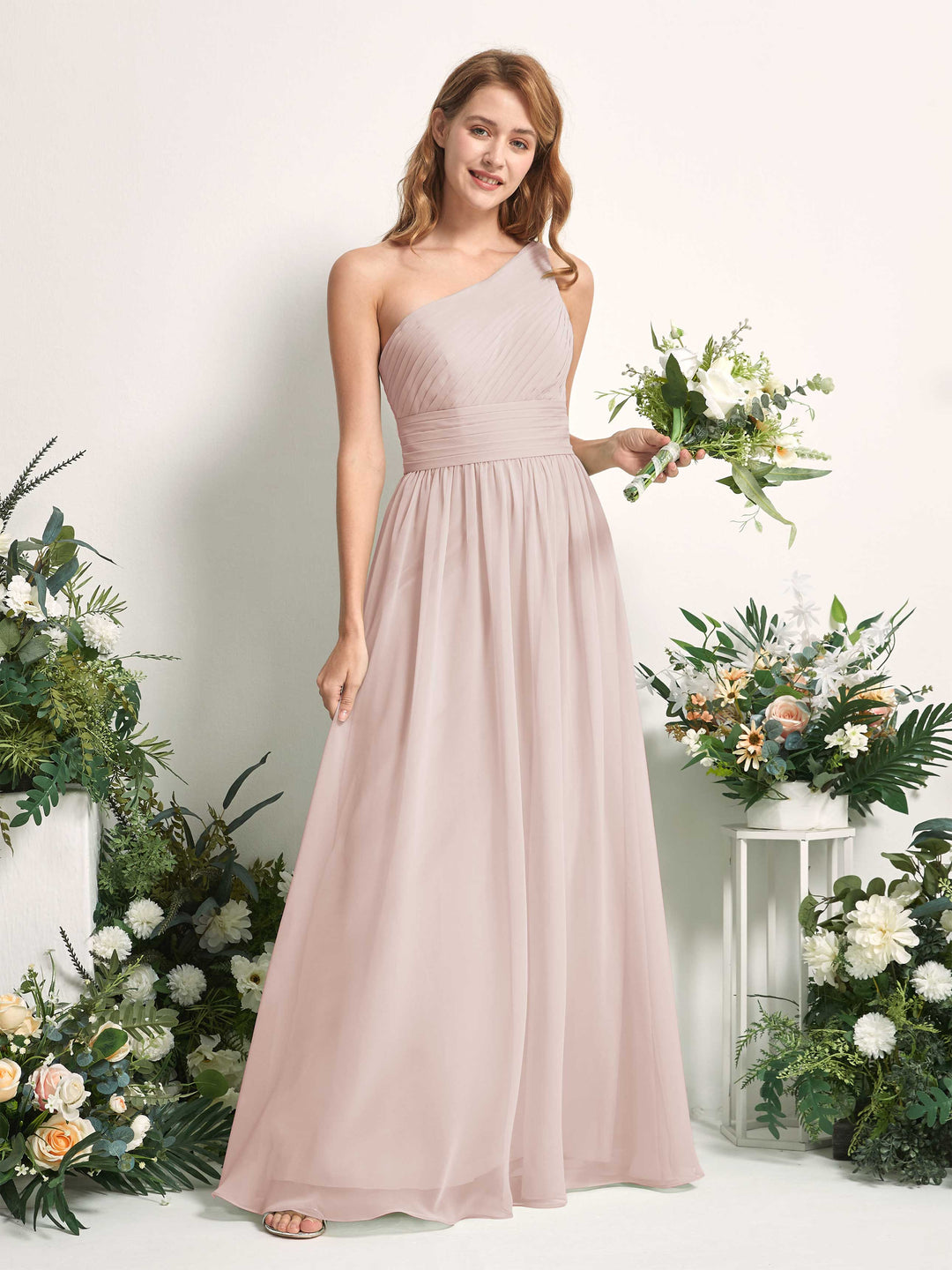 Carlyna A-Linien-Kleid One-Shoulder Bodenlang Chiffon Brautjungfernkleider Biscotti 