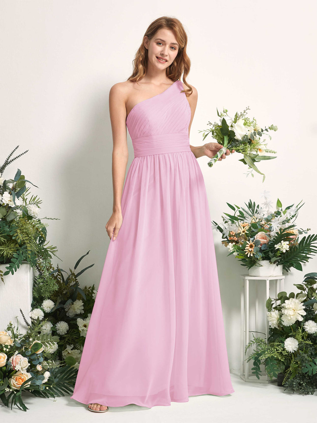Carlyna A-Linien-Kleid One-Shoulder Bodenlang Chiffon Brautjungfernkleider Bonbonrosa 