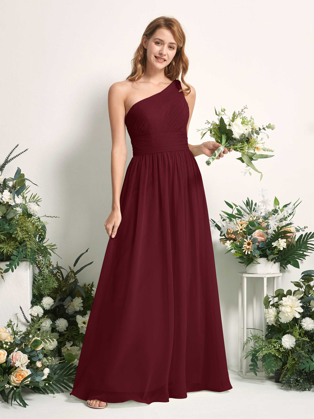Carlyna A-Linien-Kleid One-Shoulder Bodenlang Chiffon Brautjungfernkleider Burgunderrot 
