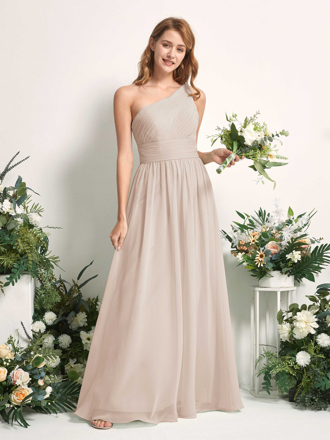 Carlyna A-Linien-Kleid One-Shoulder Bodenlang Chiffon Brautjungfernkleider Champagner 