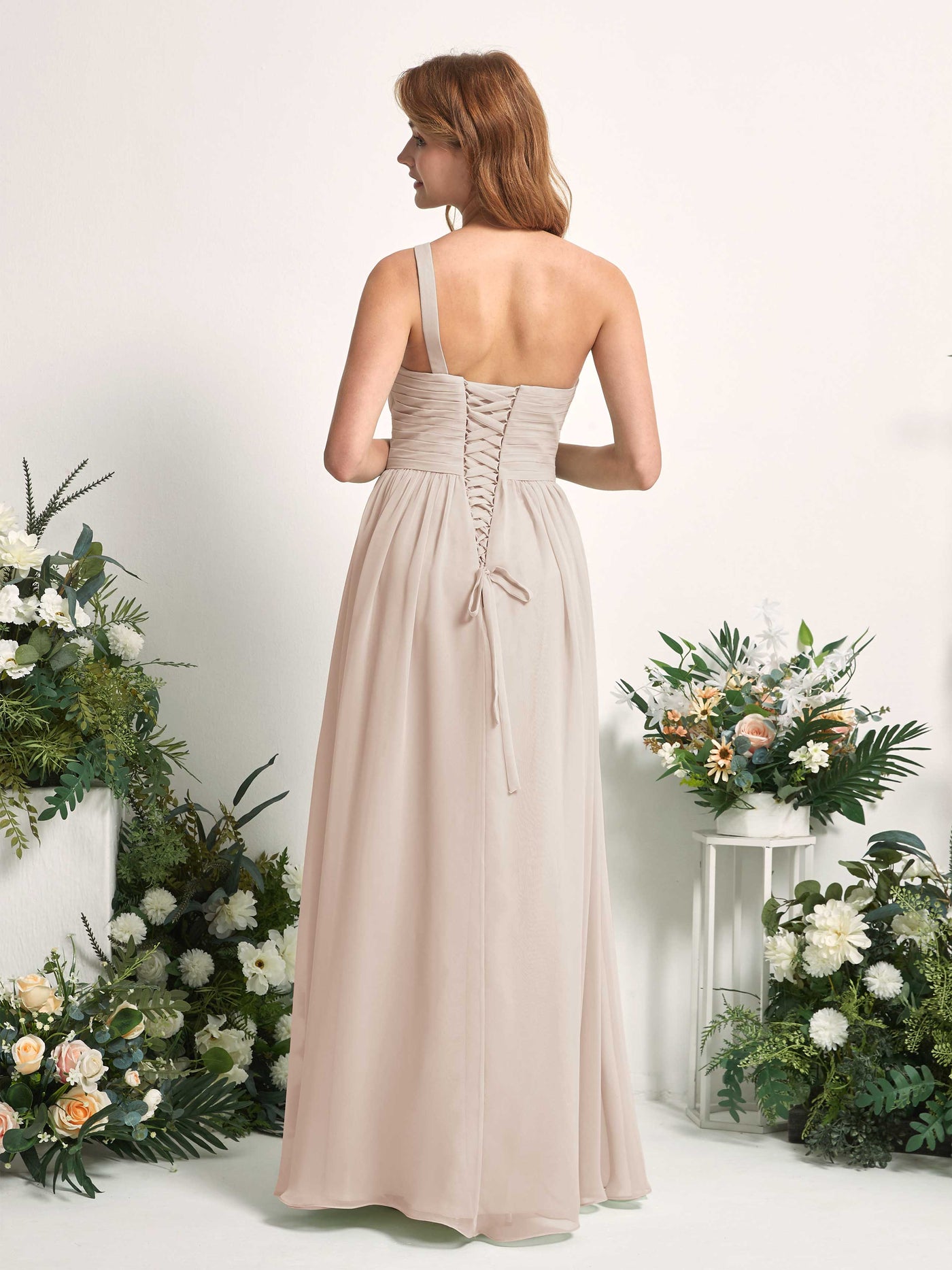 Carlyna A-Linien-Kleid One-Shoulder Bodenlang Chiffon Brautjungfernkleider Champagner #farbe_champagner