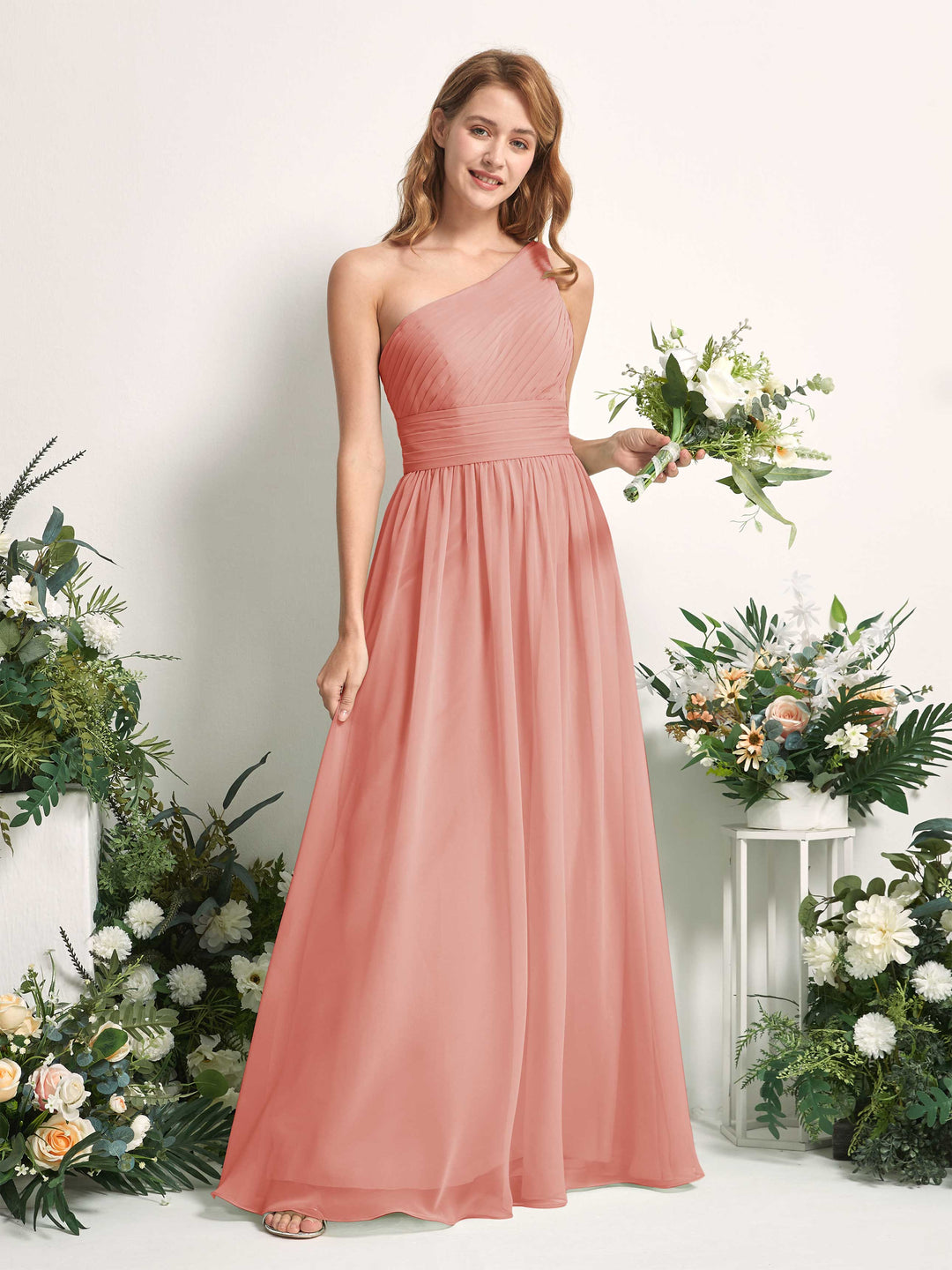 Carlyna A-Linien-Kleid One-Shoulder Bodenlang Chiffon Brautjungfernkleider Champagner-Rose 
