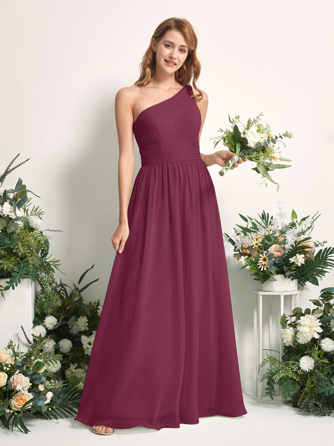 Carlyna A-Linien-Kleid One-Shoulder Bodenlang Chiffon Brautjungfernkleider Chianti 