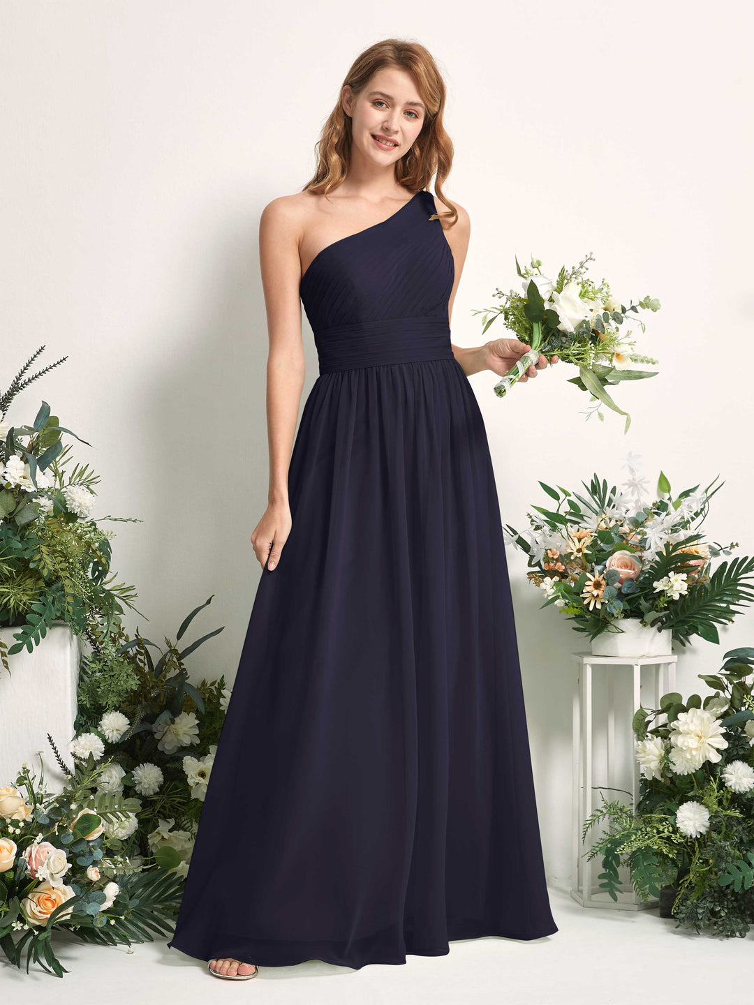 Carlyna A-Linien-Kleid One-Shoulder Bodenlang Chiffon Brautjungfernkleider Dunkel Marineblau 