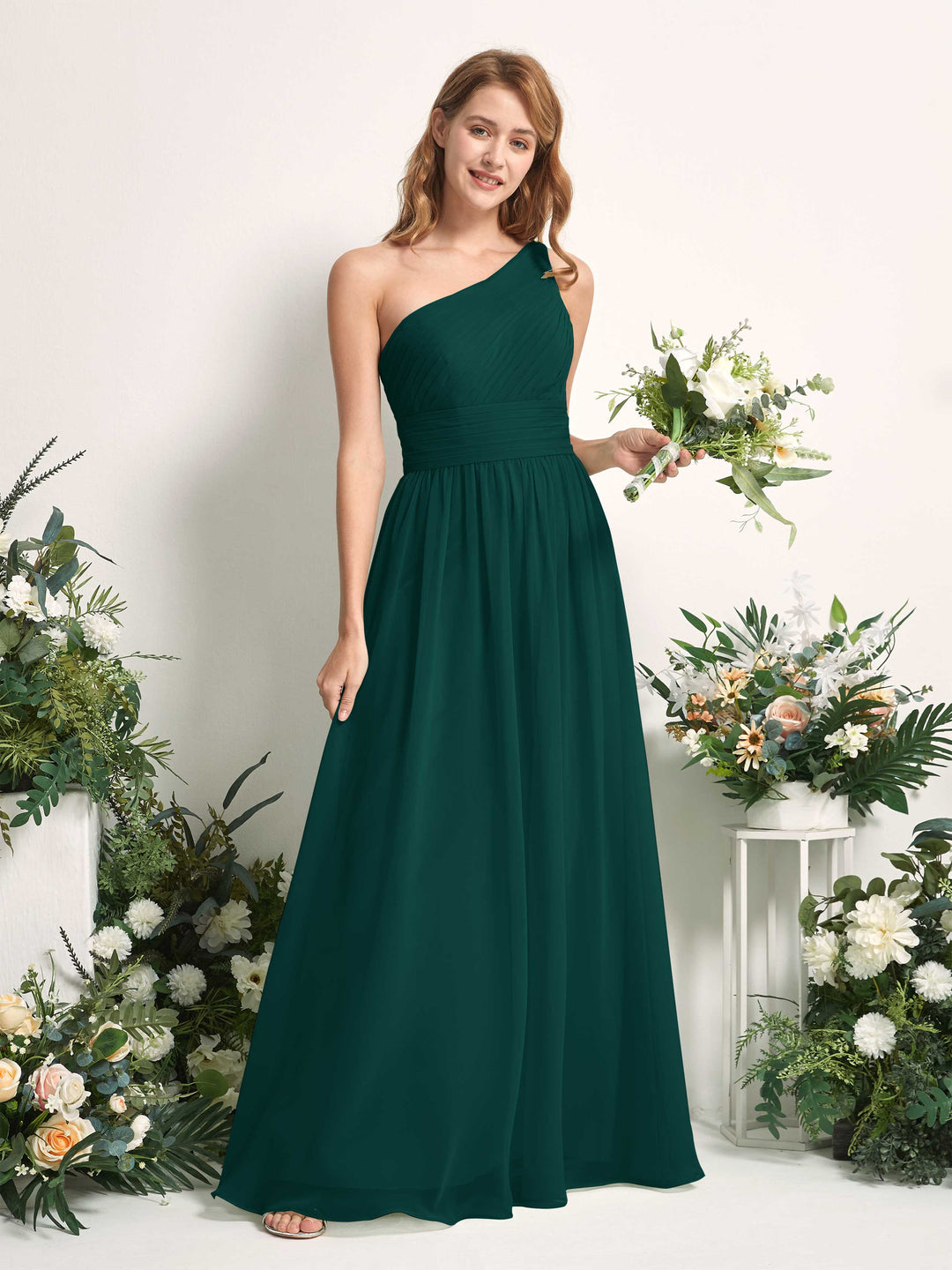 Carlyna A-Linien-Kleid One-Shoulder Bodenlang Chiffon Brautjungfernkleider Dunkelsmaragd 