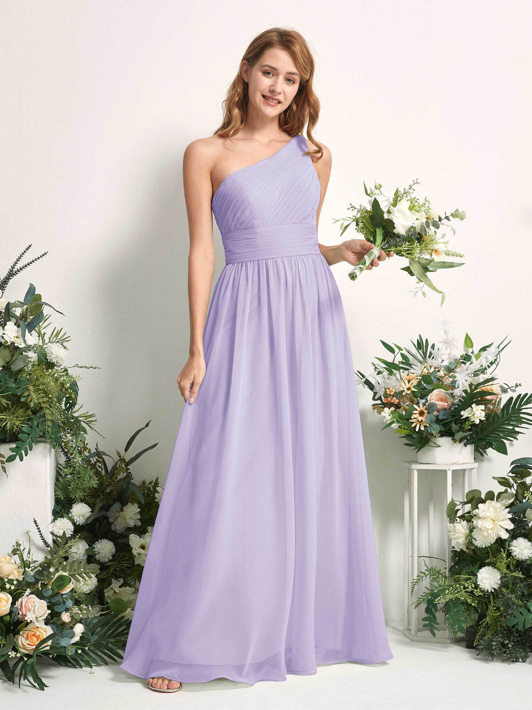 Carlyna A-Linien-Kleid One-Shoulder Bodenlang Chiffon Brautjungfernkleider Flieder 